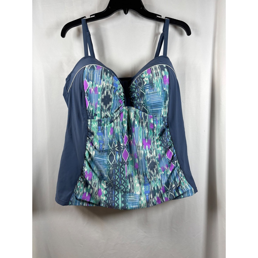Free Country Womens 2X Tankini Top Navy Blue Ikat Geometric Print Swimwear